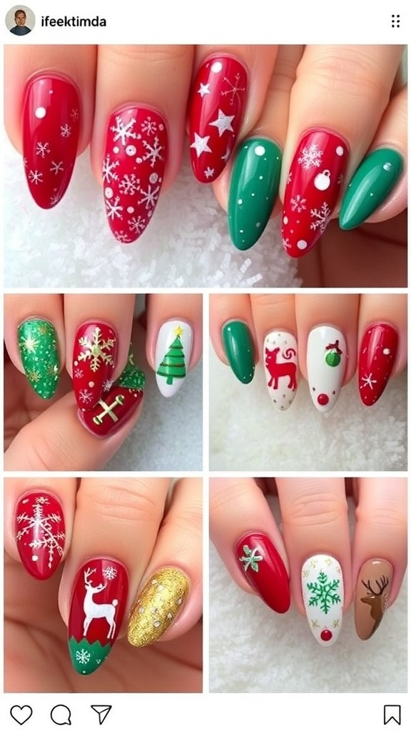 Unique Christmas nail art designs with festive patterns in red, green, and gold.